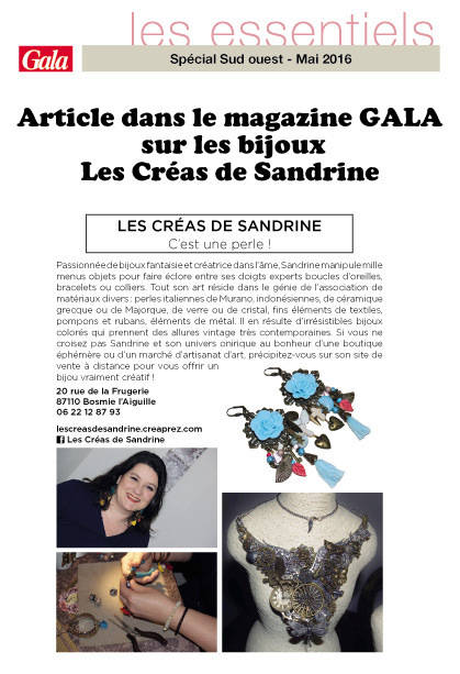 Article magazine GALA Les Créas de Sandrine mai 2016.